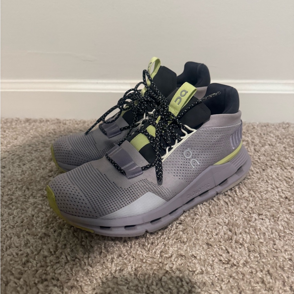 On Running Women's Athletic Shoes in Grayish purple  and green.